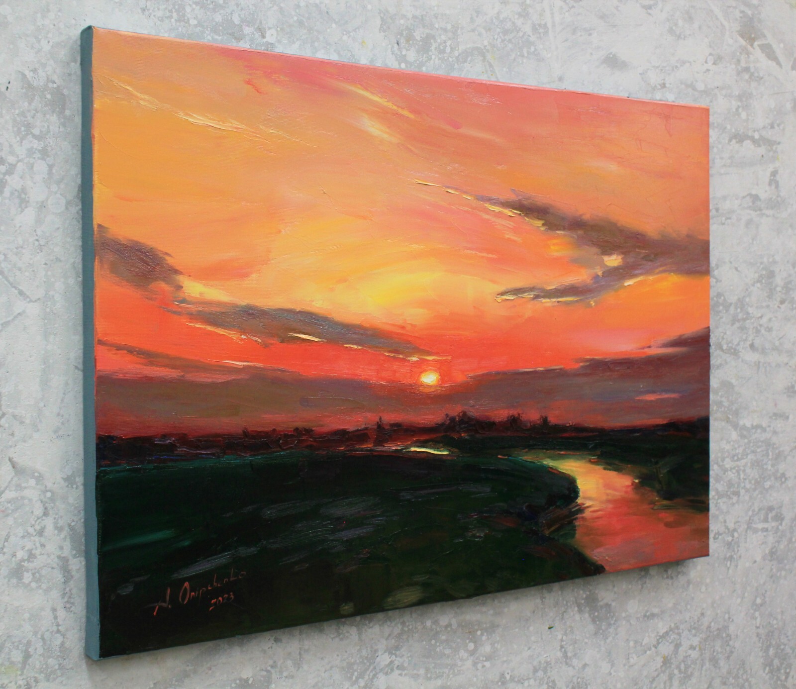 Sunset river painting IMPRESSIONISM original art Oil on canvas by A Onipchenko