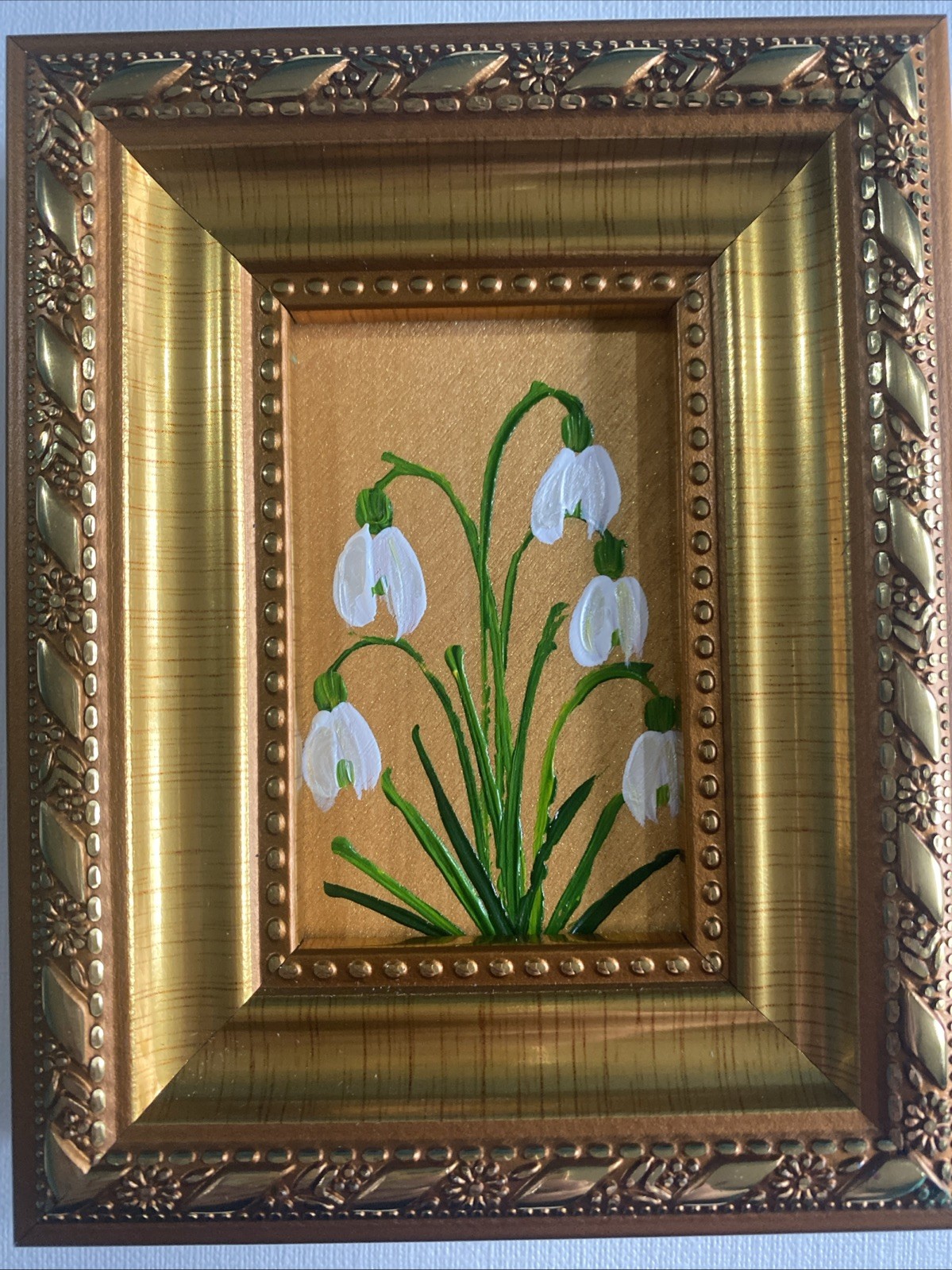 Snowdrops Flowers Original Painting framed,gold,miniature,small,mini Wall Art
