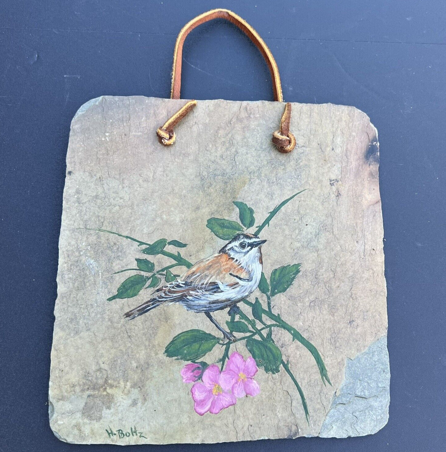 Vtg Beautiful Hand Painted Bird on Slate Folk Art Wall Hanging Signed H. Boltz