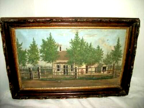 1874 Oil Painting Americana Folk Art Country House Figure Aged Primitive Signed