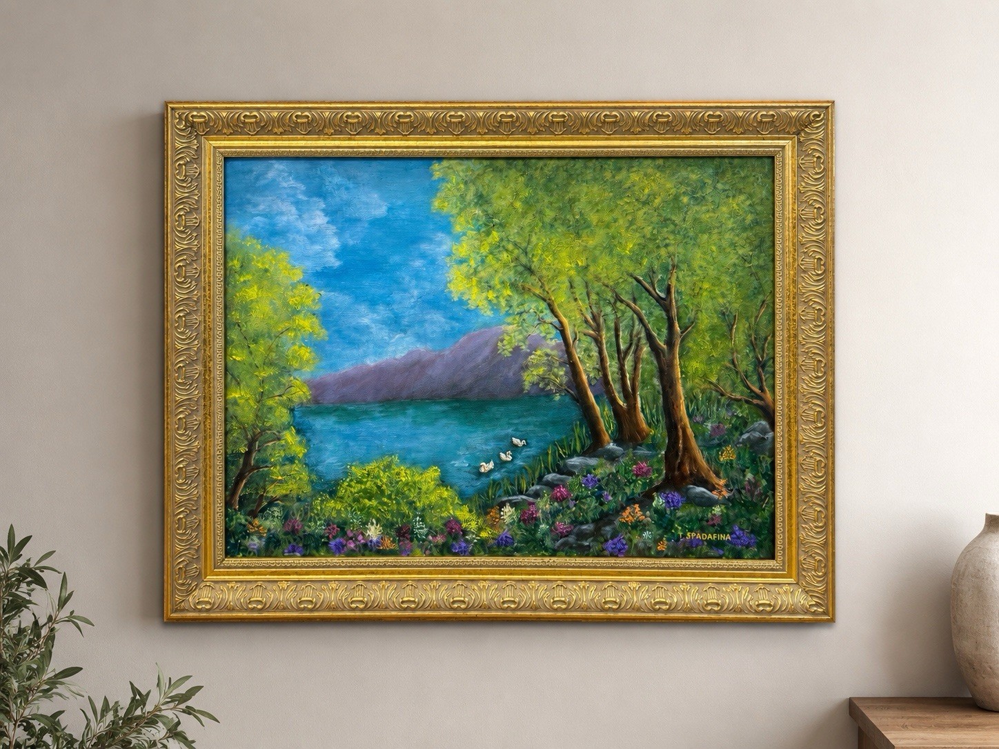 Original Signed Landscape Oil Painting Lake Swans Floral Garden Gold Frame 24×18