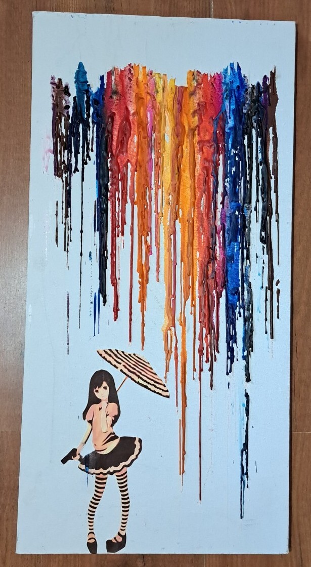 Anime Crayon Drip Painting Canvas Rainbow Lolita Girl with Gun Manga 24″ x 12″