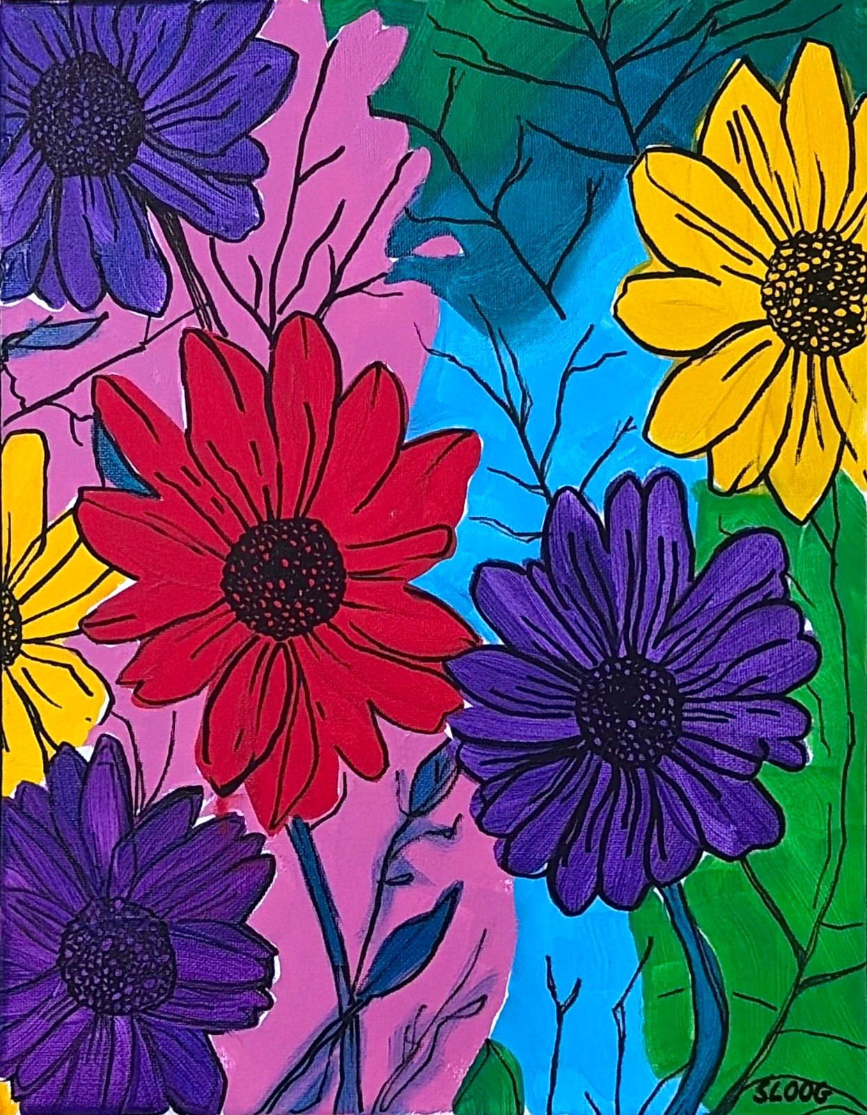 SLOOG Original Art Modern Wall Decor Painting on Canvas 11×14 Illustrated Flower