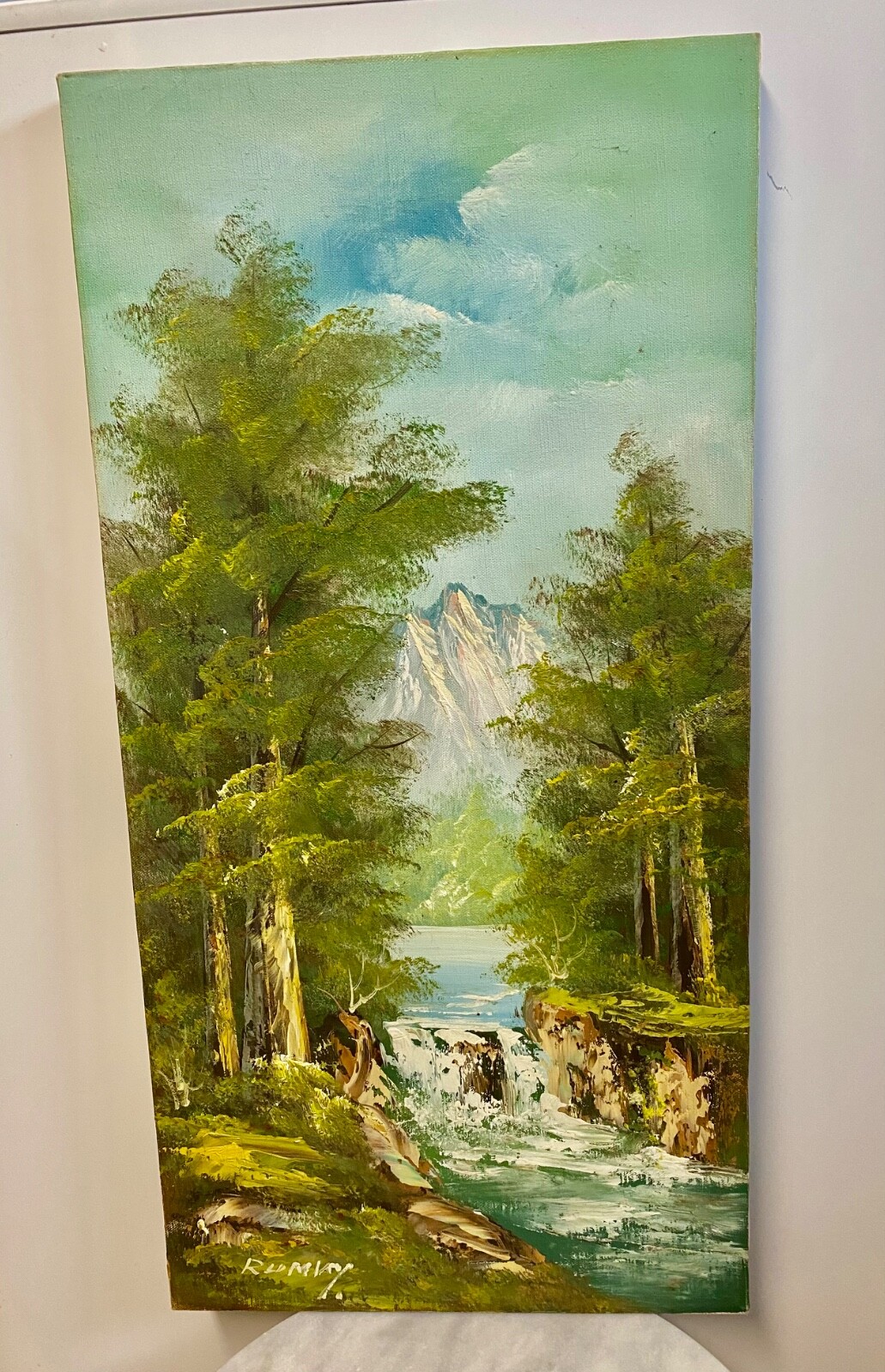 Vintage Original Oil Painting by RUMKY Mountain Stream Trees Scene on canvas