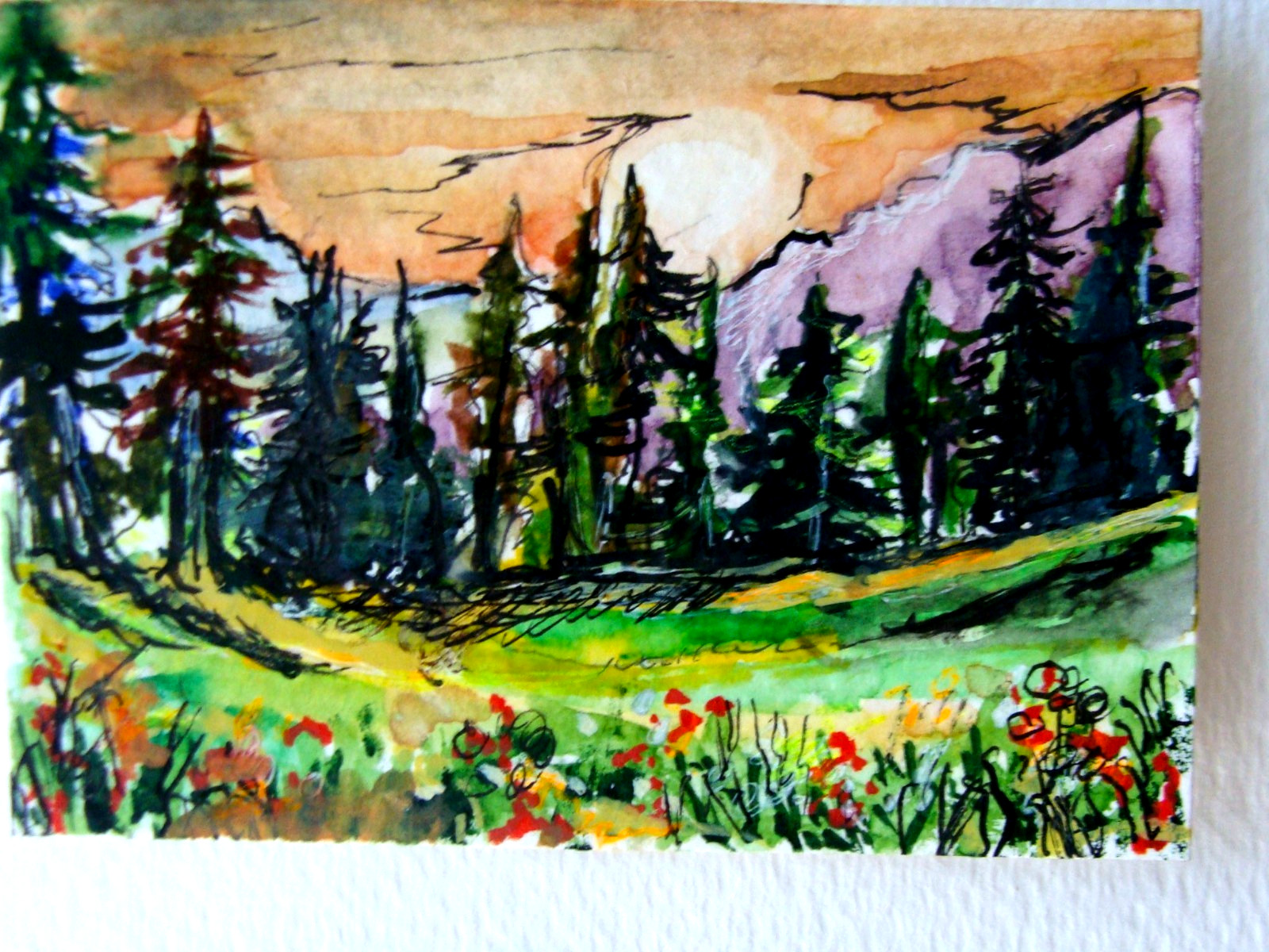 Original watercolor and ink painting on paper ACEO art Mountain Meadow Tarrantts