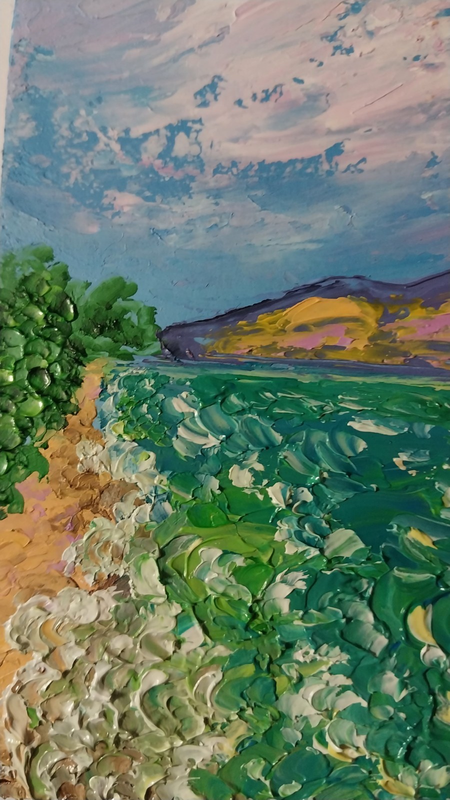Framed Seascape Green Sea Seacoast Sunset Sky 4×6” Impasto Oil Painting Original