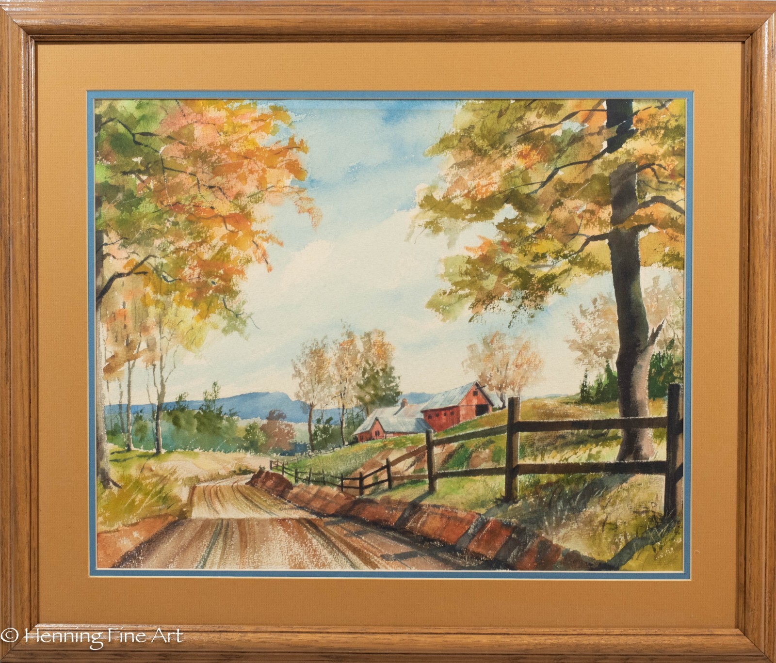 Beautiful Vintage Watercolor Painting of American Farm Landscape During Fall