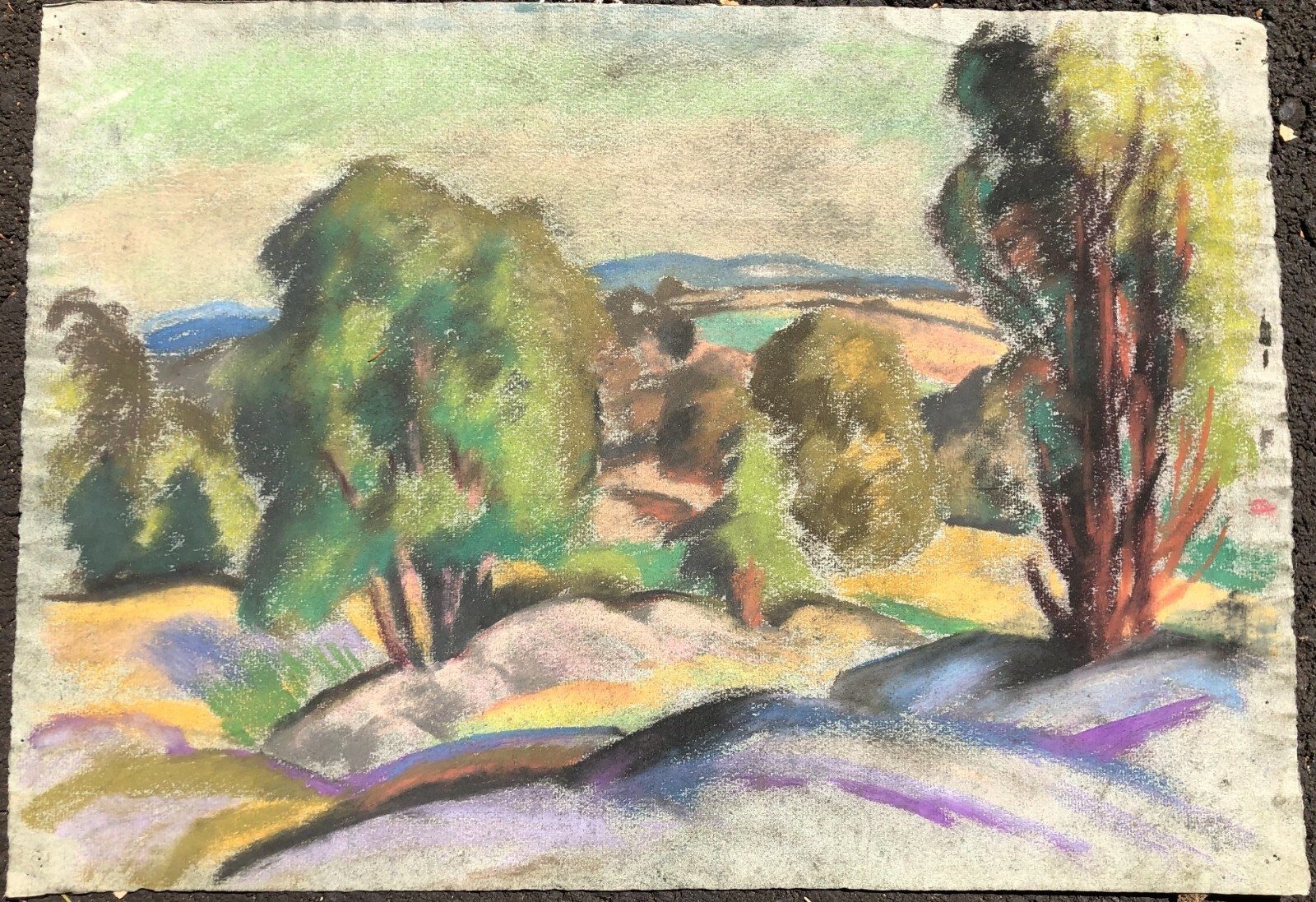 Sprawling Landscape & Hills 13 1/4 x 18 3/4 Pastel Painting-40s-Bernard Gussow