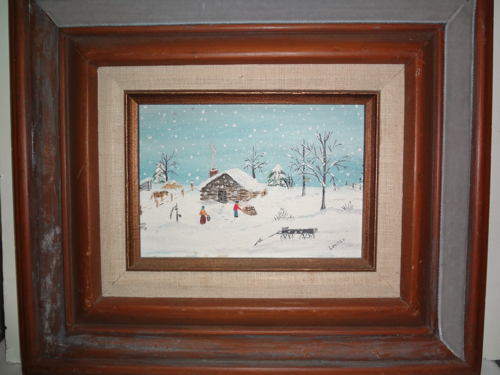 Winter Rural Scene Original Painting of Early 1800s Nebraska Farm by Louise