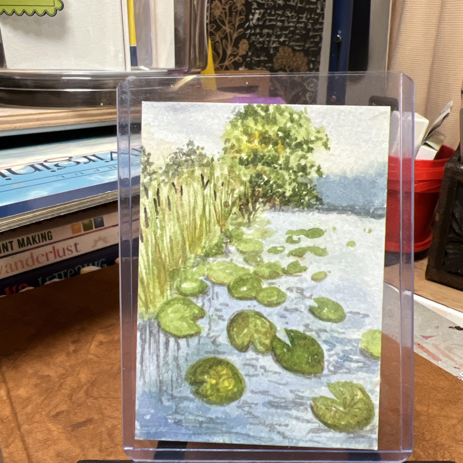 ACEO/ATC Original Painting 2.5 x 3.5 In. Watercolor Lilly Pad Pond Signed OOAK