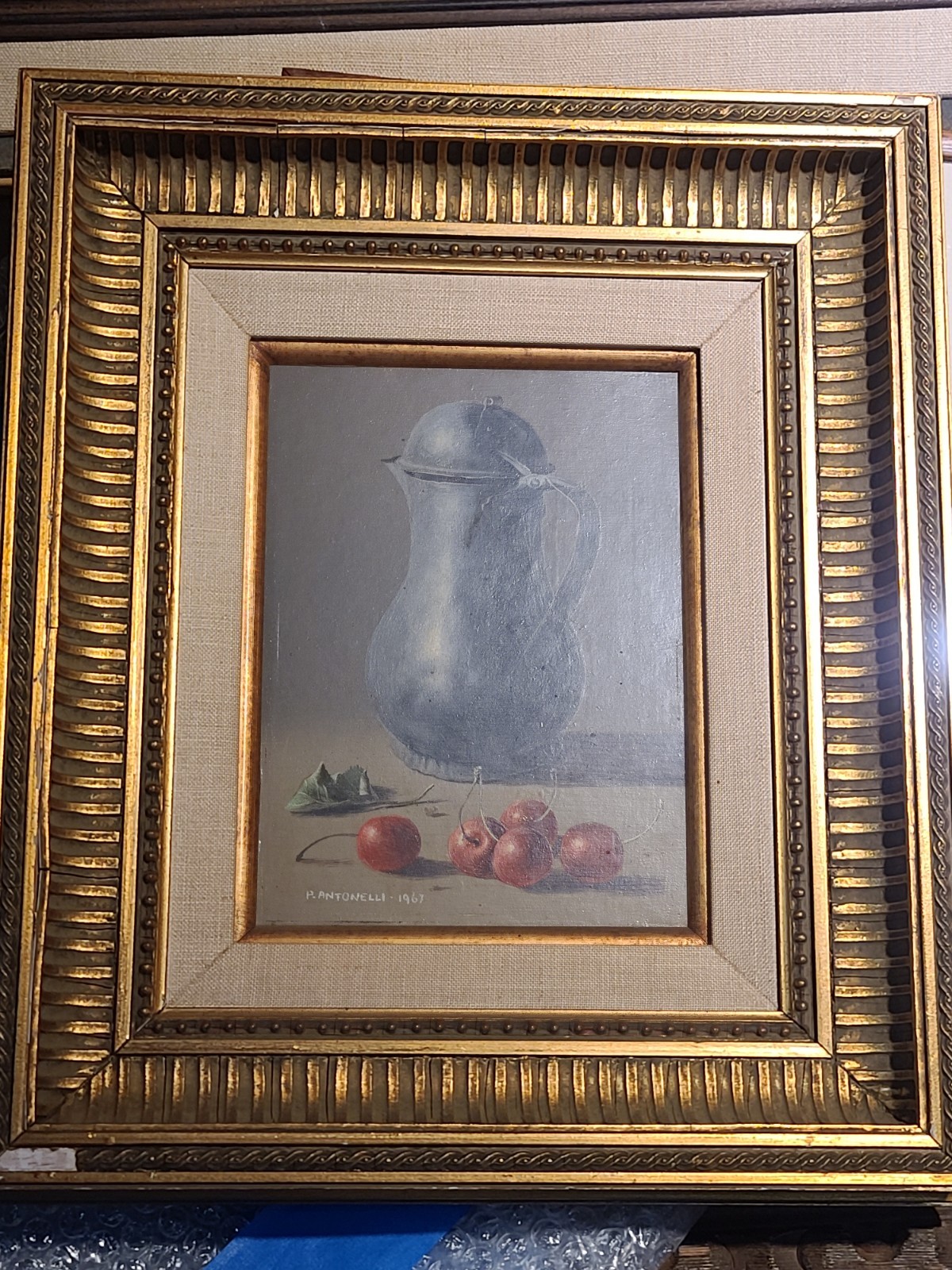 Piero Antonelli 1967 Oil Painting Still Life Cherries Pewter Pitcher Signed Gilt