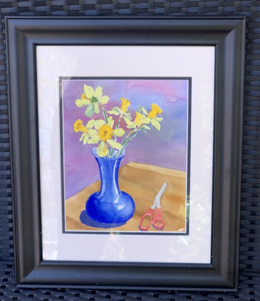 VTG ‘04 Original Geof Johnson Daffodil Floral Watercolor 14.25”W 17.25”T Framed