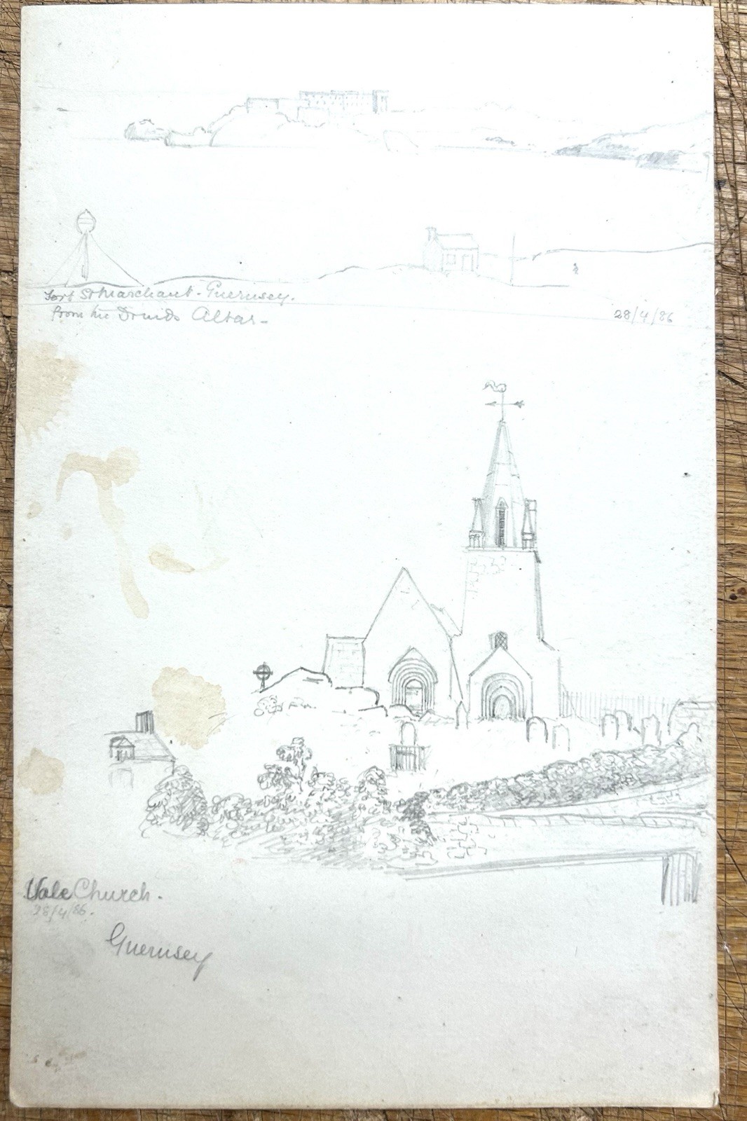 Pencil Drawing Art Guernsey England Vale Church Fort Bay Dated 1886 Two Sides A1