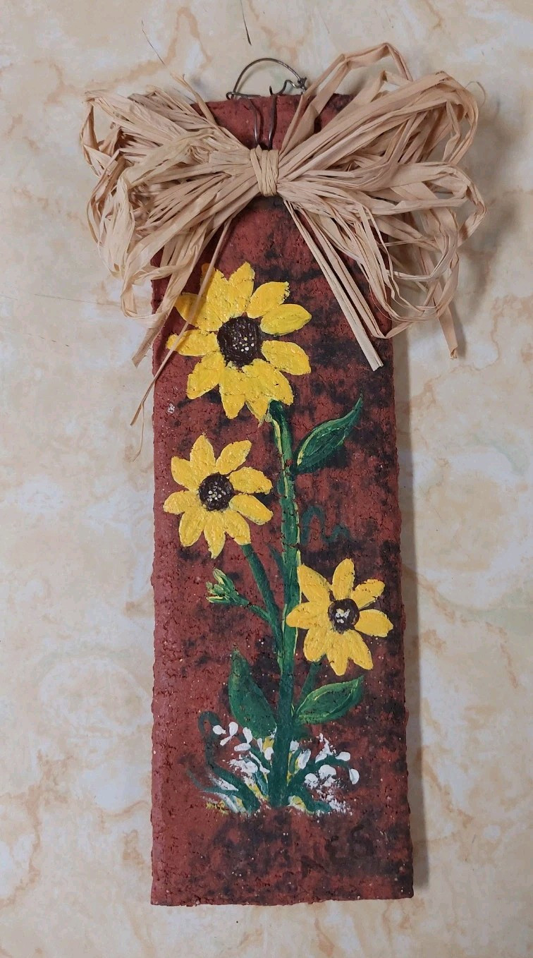 Vtg Hand Painted Sunflowers 8×2.5” On Brick Veneer Signed NES Farm House Style
