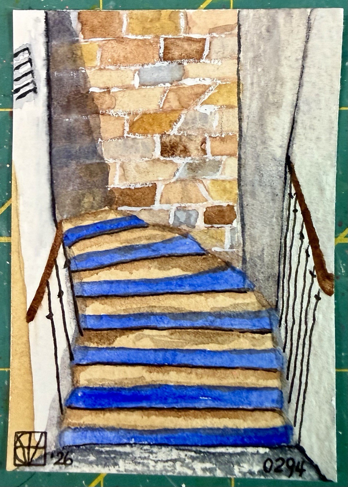 ACEO Painting by M. Hackney Staircase Watercolor & Ink, Signed Original 2.5×3.5″