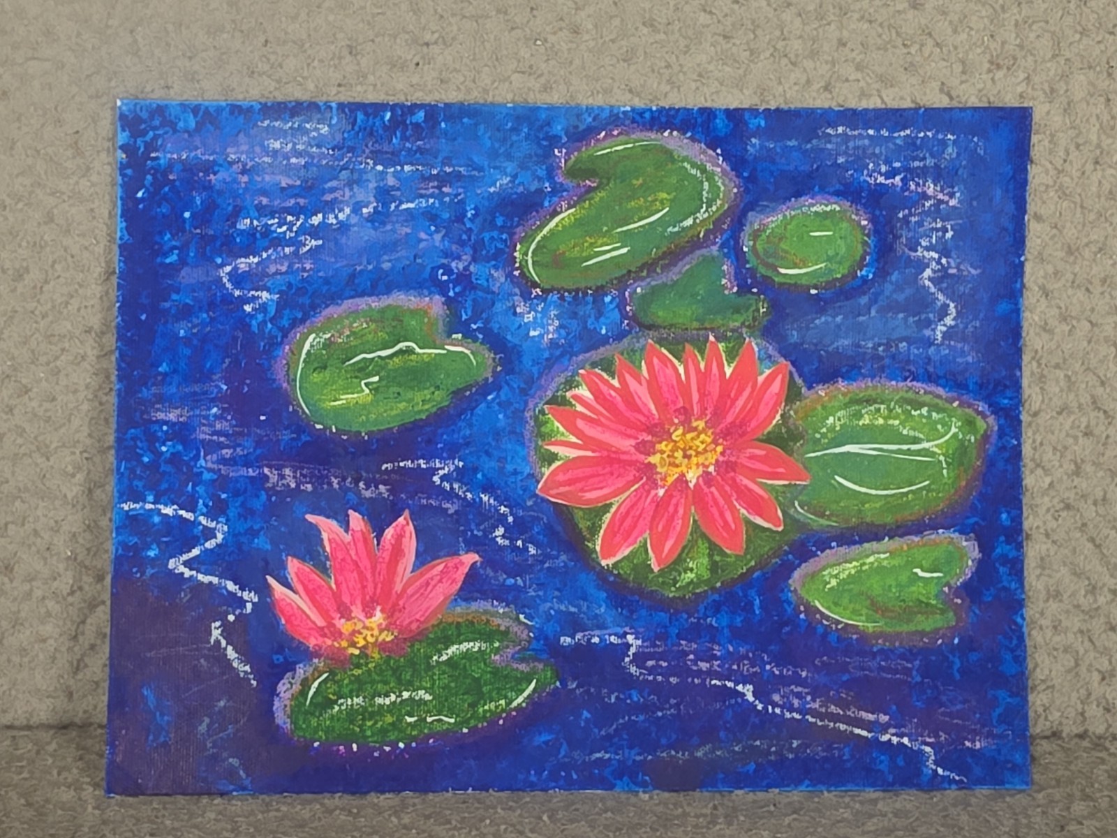 Original Art Lilypad Pond Scene With Flowers Painting Acrylic With Pastels Blue