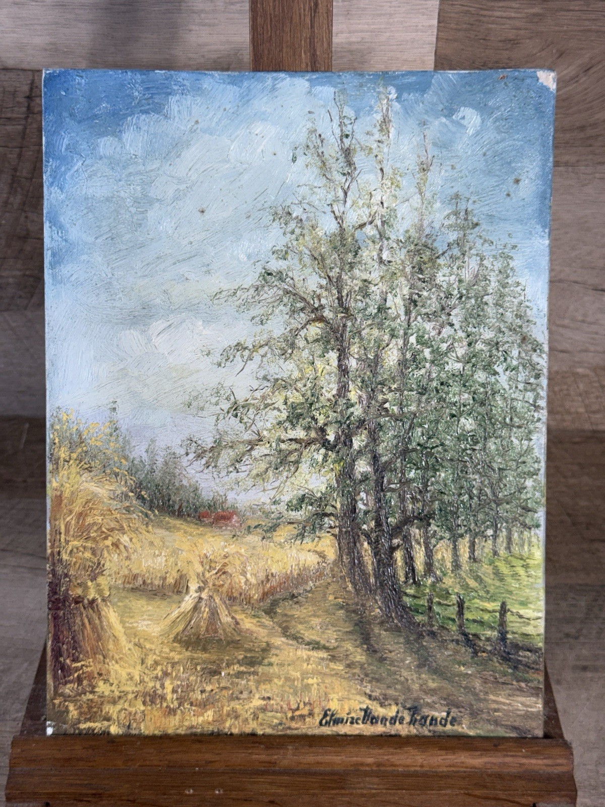 Vintage European Farm Landscape Oil On Board Haystacks Trees Impressionist Signe