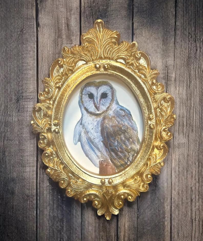 mini paintings & prints in vintage style ornate frame, mini art, birds & animals