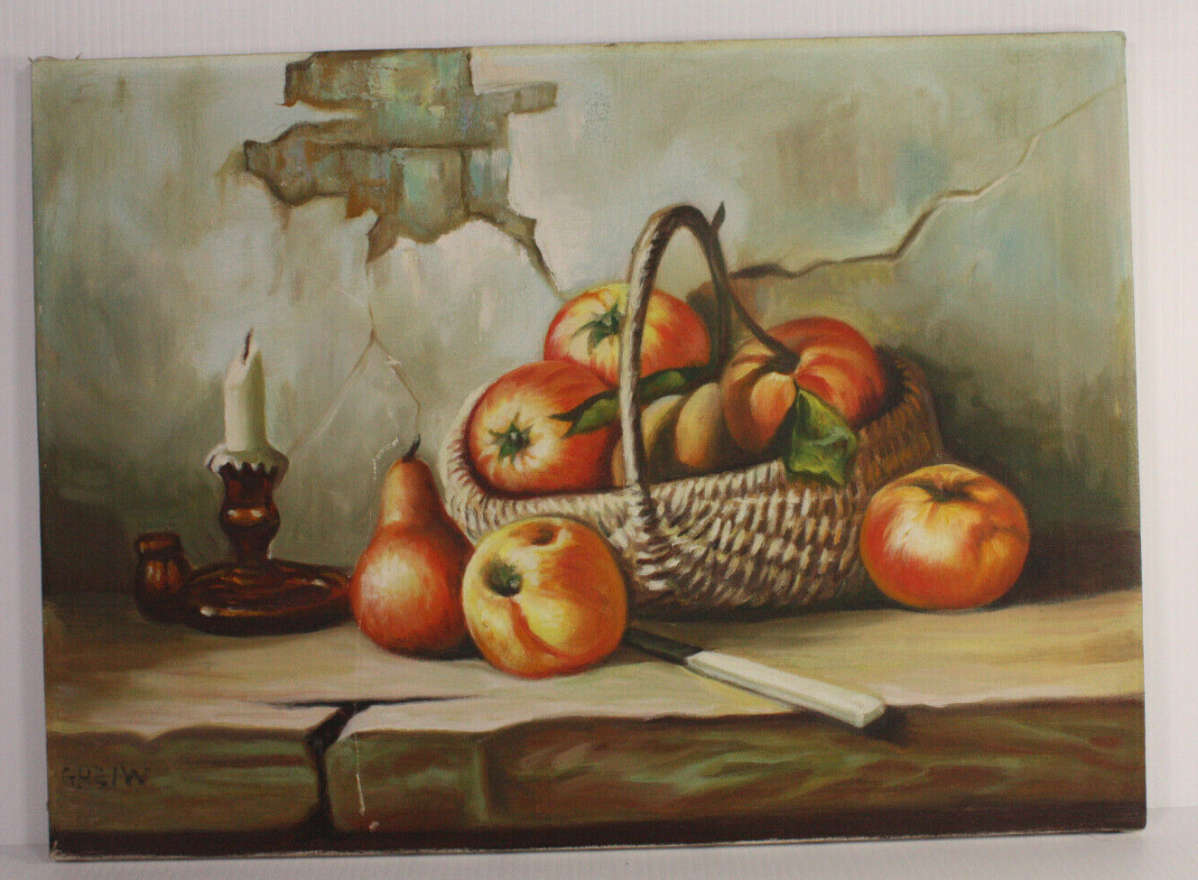 Ghiew Fruit Candle Apple Basket Still Life 22×16 Antique Oil on Canvas Painting