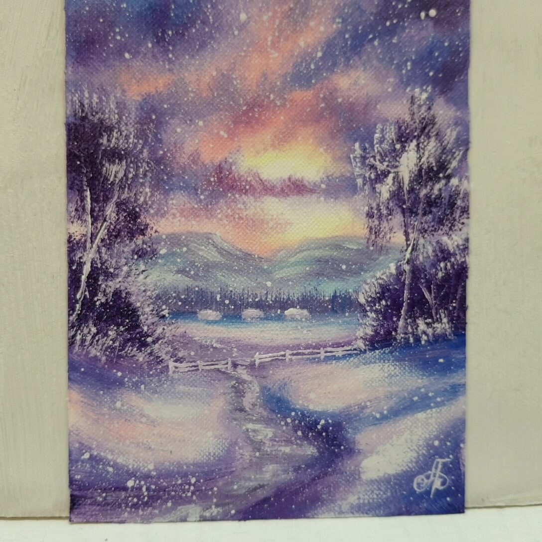 Winter Sunset Snowfall Landscape Cabins Mountains Path Holiday Decor Wall Art