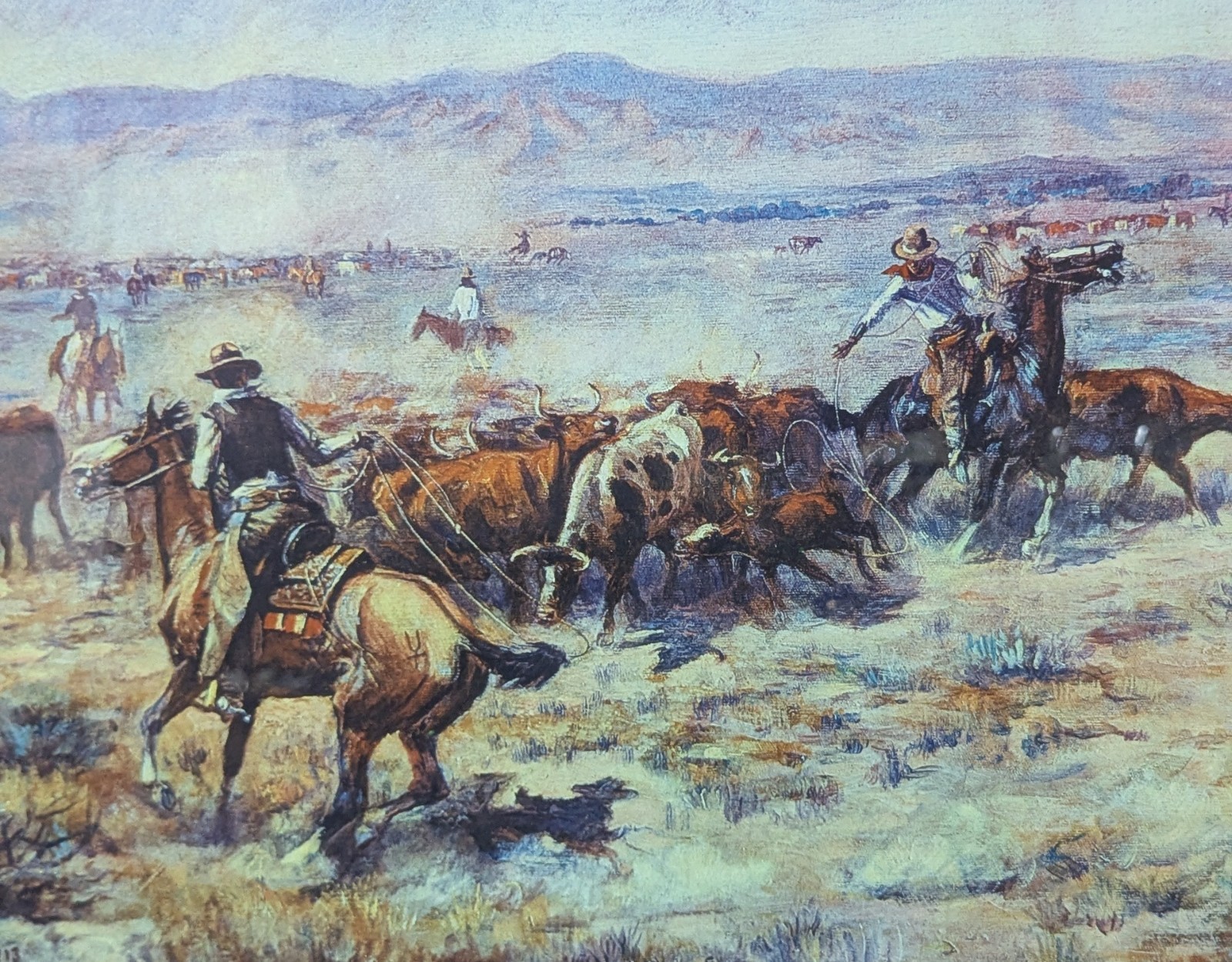 Charles Marion Russell Roundup Giclee Ptint 22.5″x39.5″ Framed & Matted Glass