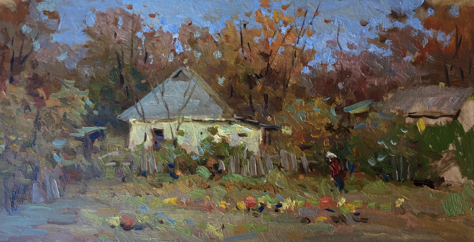 Oil painting courtyard Ukrainian painter Cardboard Unframed Decor original art