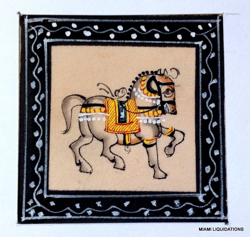 2″ Royal Mughal Horse Miniature Painting Udaipur India Silk Watercolor