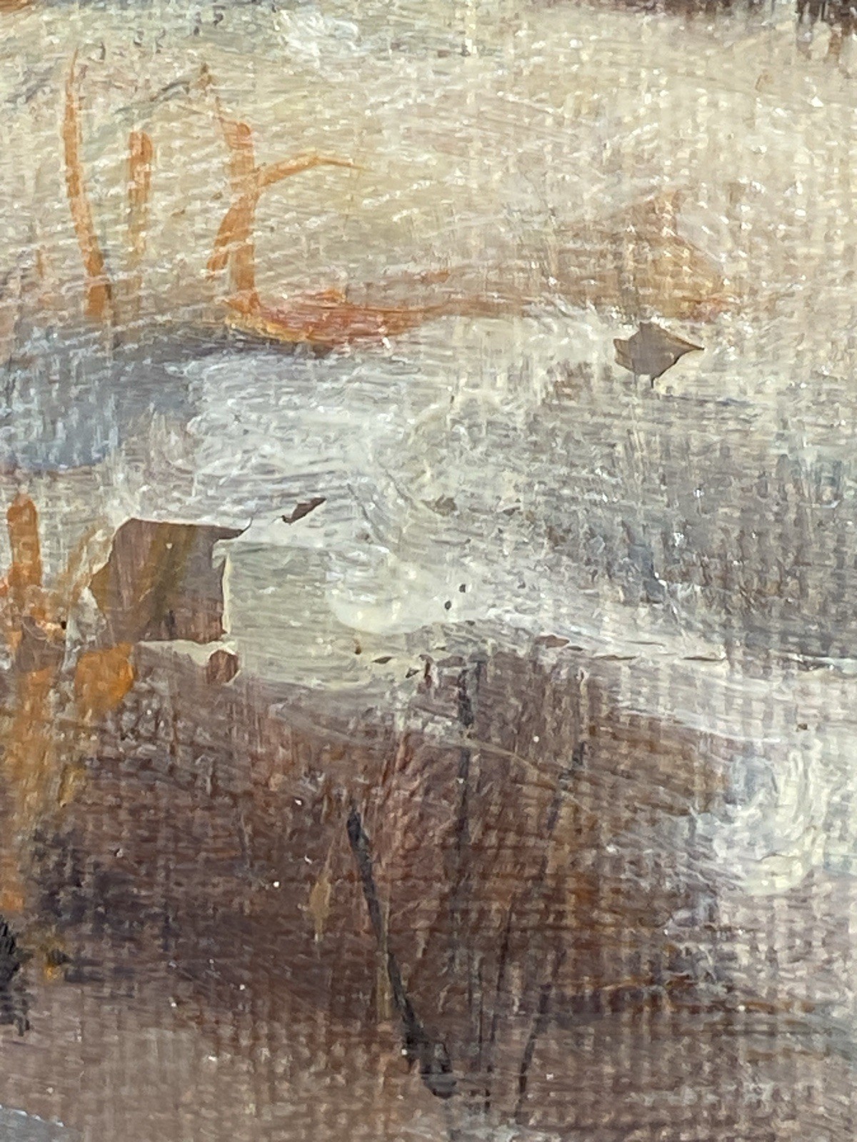 Original Oil Painting, Winter Landscape; Trees & Creek, Signed J Fowler 25″x21″