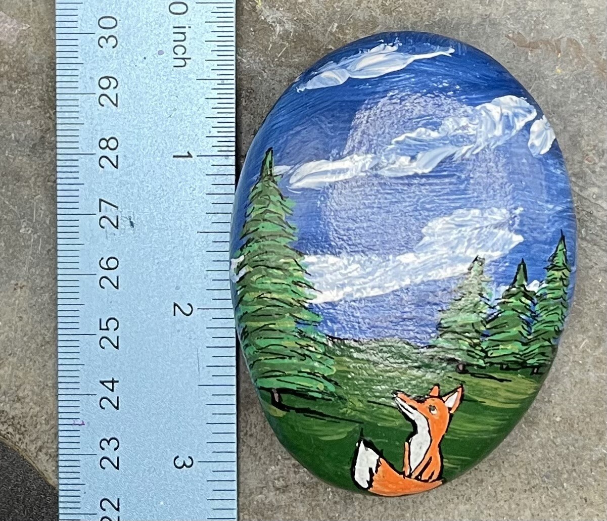 HAND PAINTED RIVER STONE ART «Nature Scene Fox » by Yellow Paw Collectible Rocks