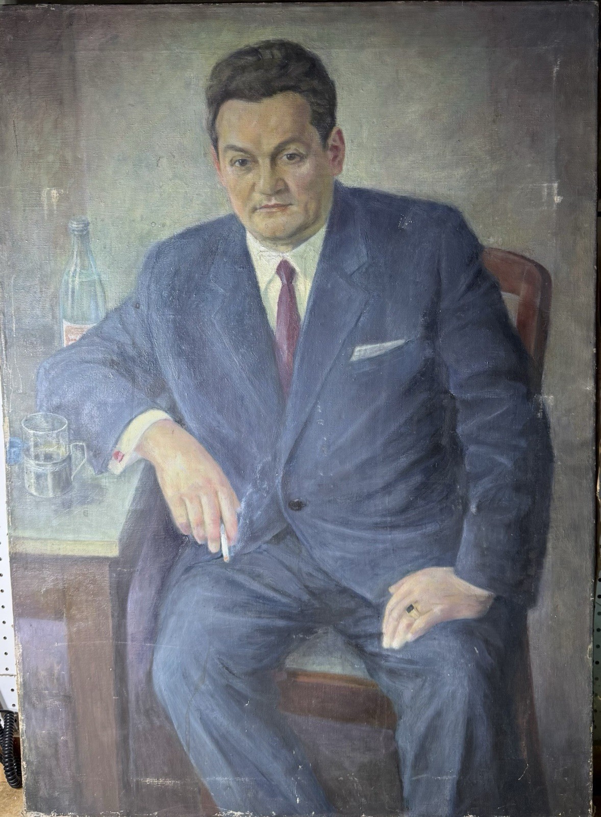 Mid Century Western European Oil On Canvas XLARGE Man In Suit Portrait