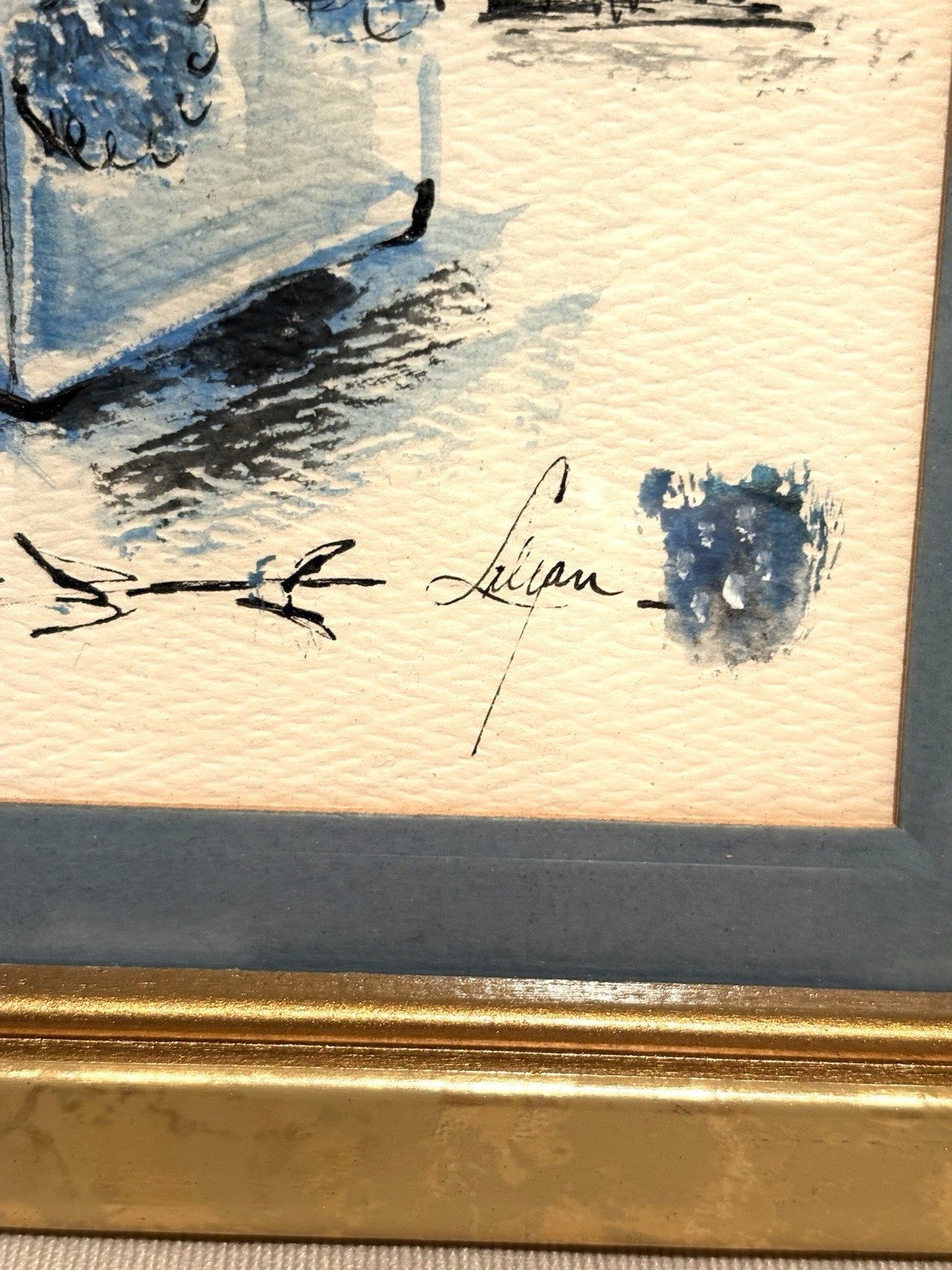 Original Vtg Small Watercolor Painting Gold Framed Art Blue Flowers Floral 9×7