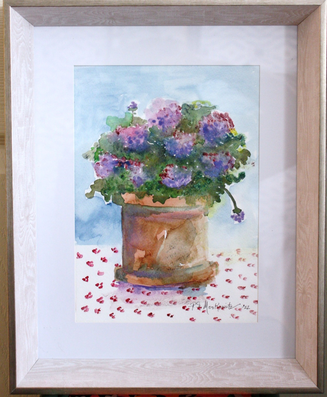 Original watercolor, signed, framed titled Potted Geranium #32 by P.S. Moskowitz