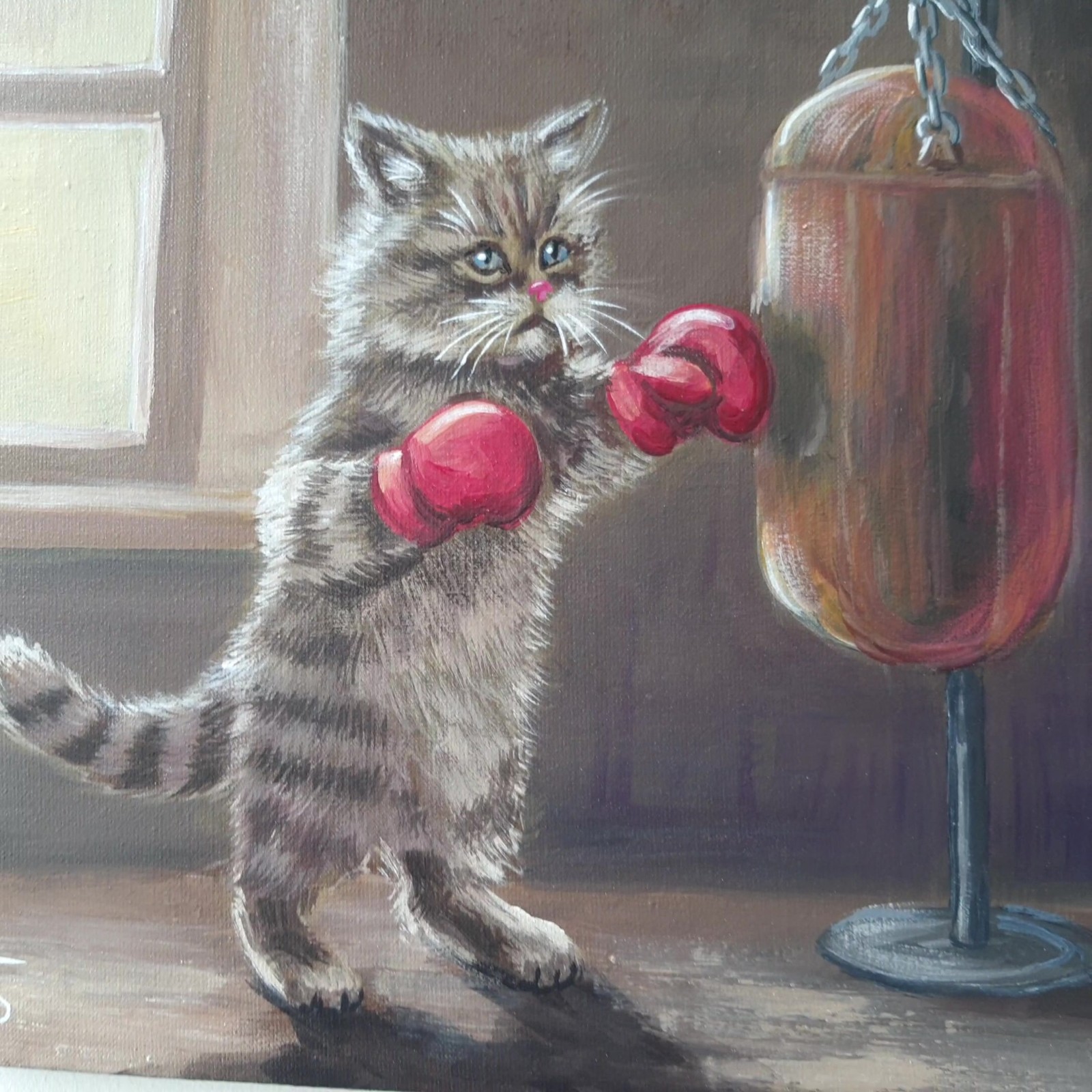 Funny Cat Boxing Oil Painting Original Animal Art Canvas Cute Kitten 10×10