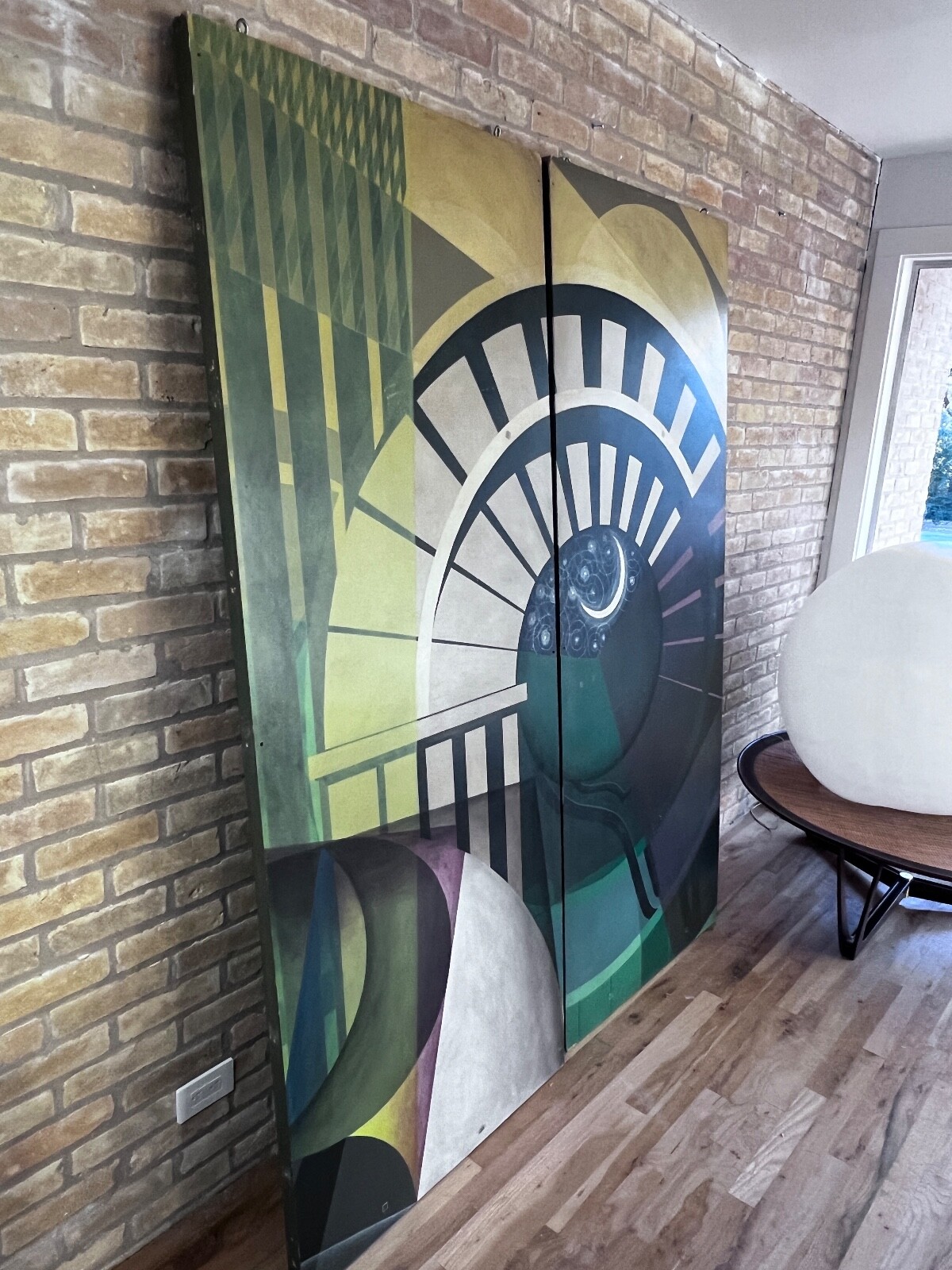 Art Deco Geometric Diptych Constellation Oil Painting Panel Door Screen Vtg