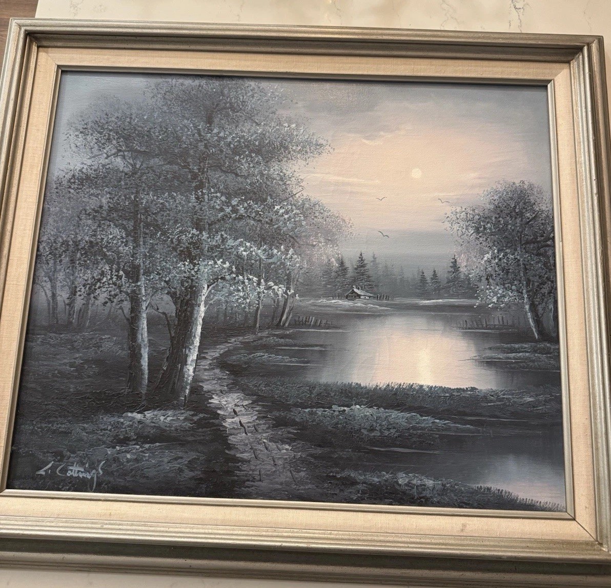 Original Oil Painting Moonlit moody Landscape Signed framed Art
