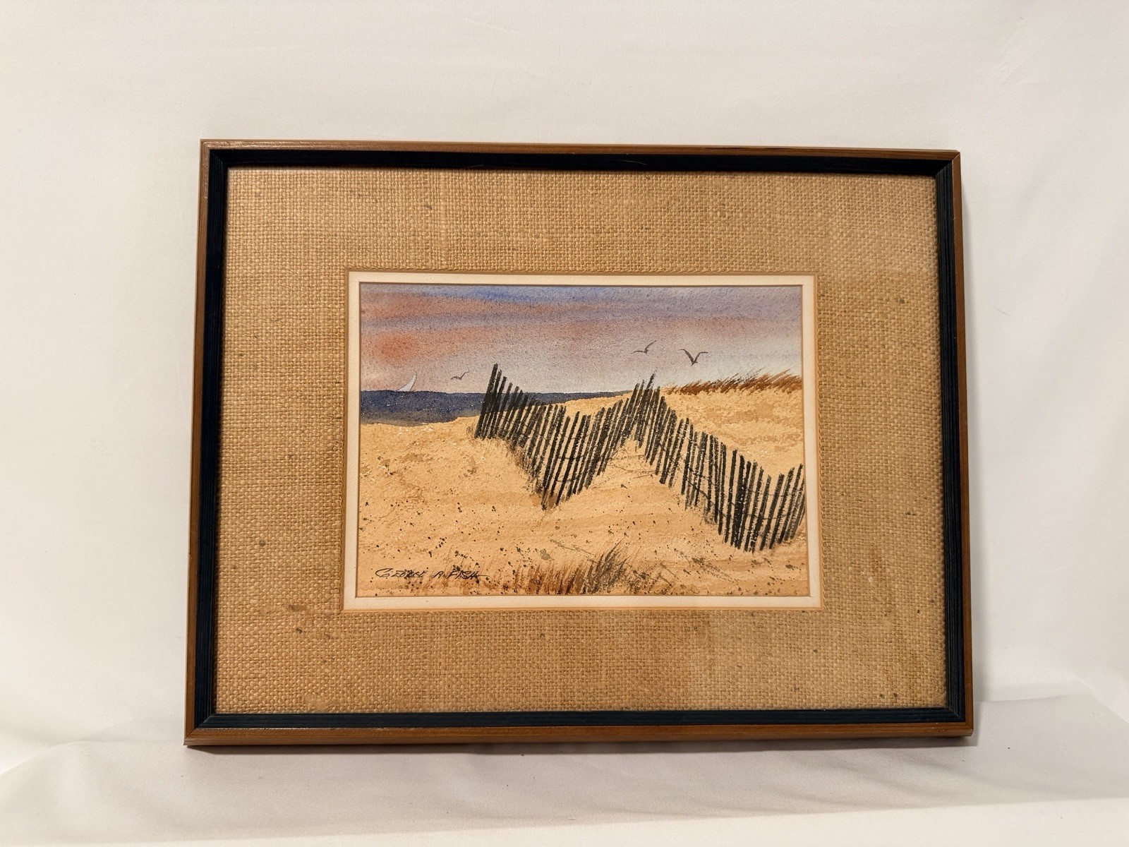 Coastal Beach Watercolor Glass Framed Burlap Mat Signed George A. Fish 17”x13”