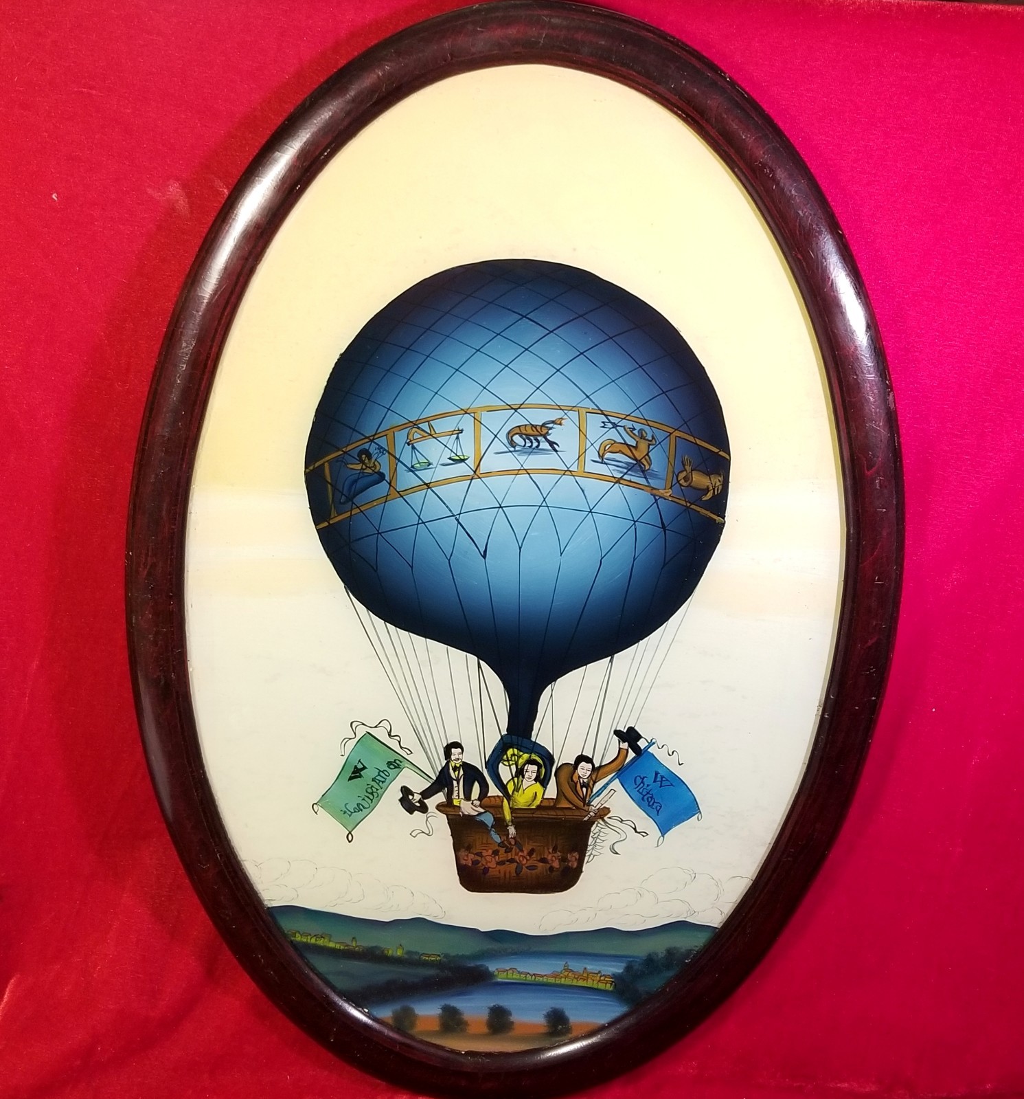 19th Century Reverse Glass Italian Painting Vincenzo Lunardi Hot Air Balloon vtg