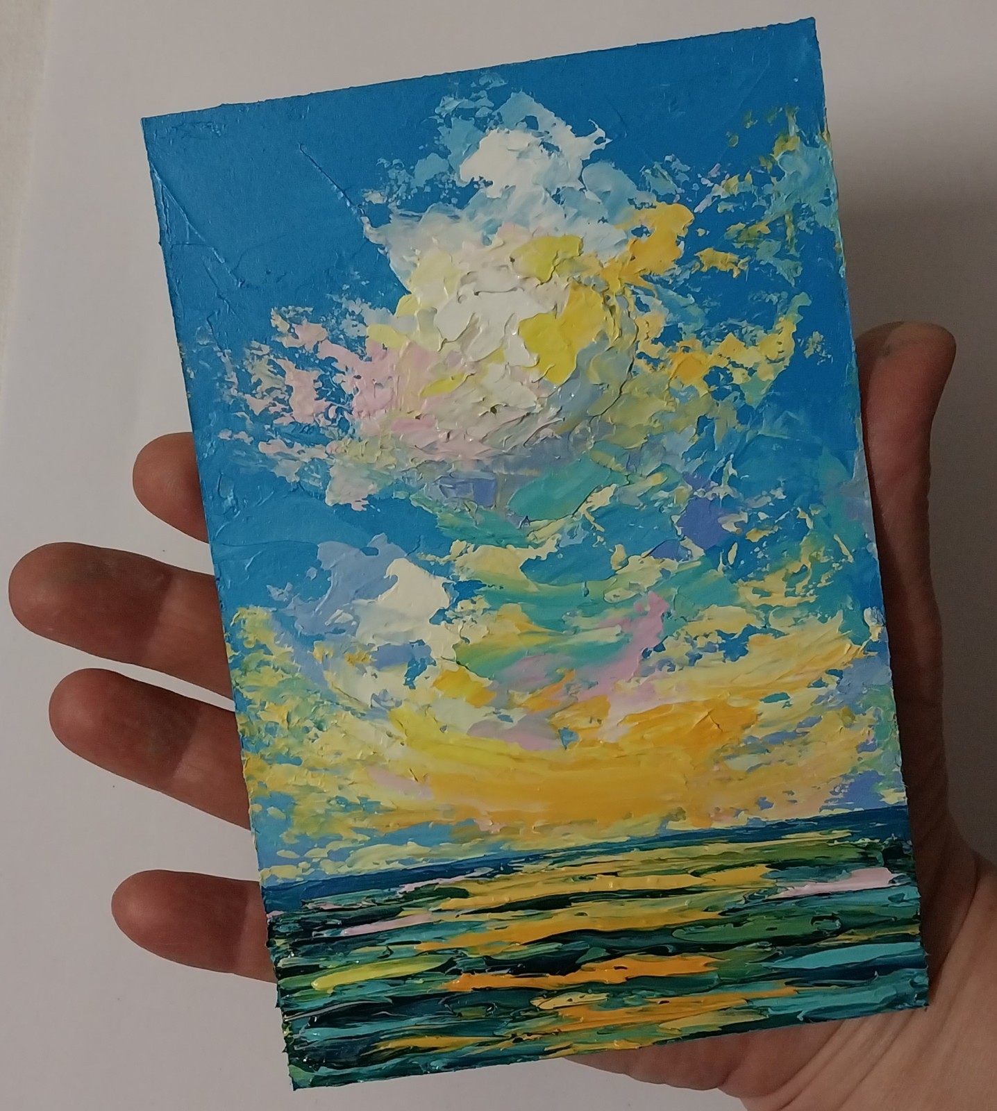 Framed Mini Seascape Golden Sunset Clouds Evening Sea 4×6” Original Oil Painting