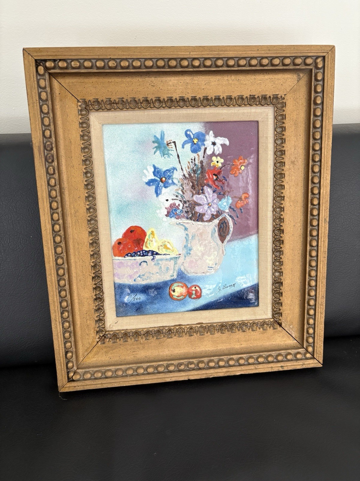 Vintage Jean Lucey Enamel on Copper Flowers/Fruit Still Life 14”x 16” Painting