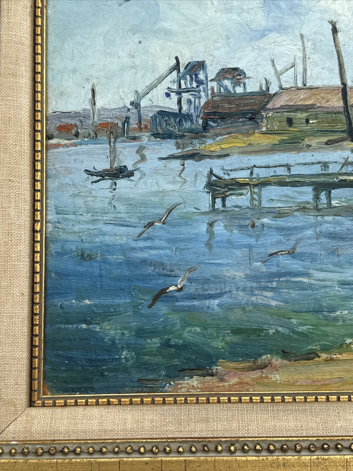 ANTIQUE PAINTING IMPRESSIONISM REGIONALISM MARINA NAUTICAL PORT BOAT DOCK OLD