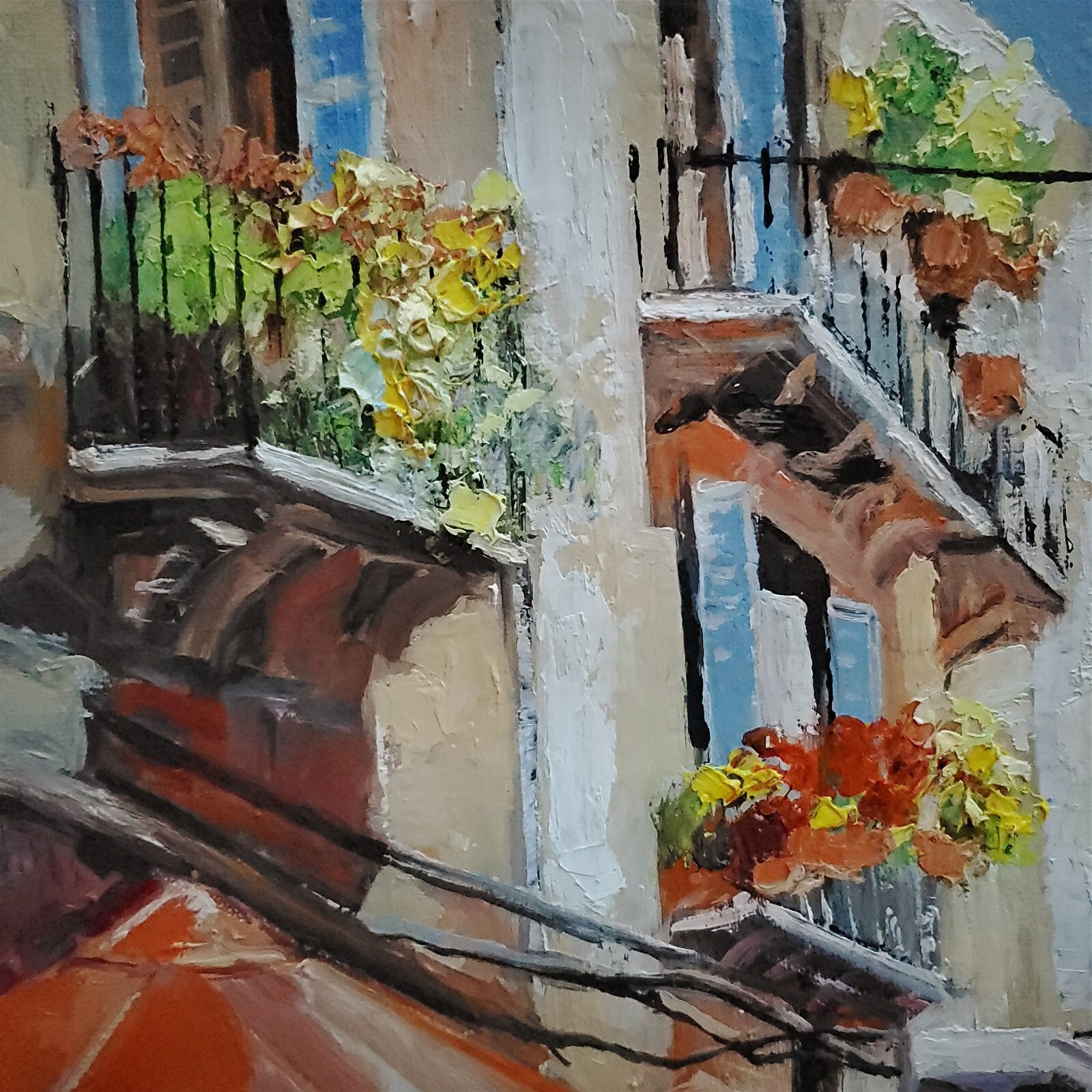 YARY DLUHOS Italy Village Summer Town Alley Cafe Original Art Oil Painting