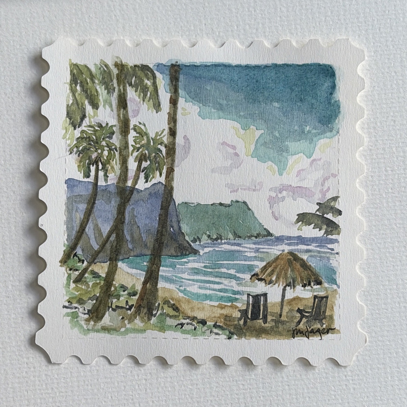 Miniature 4×4 Original Watercolor Painting Tropical Island By JMJager