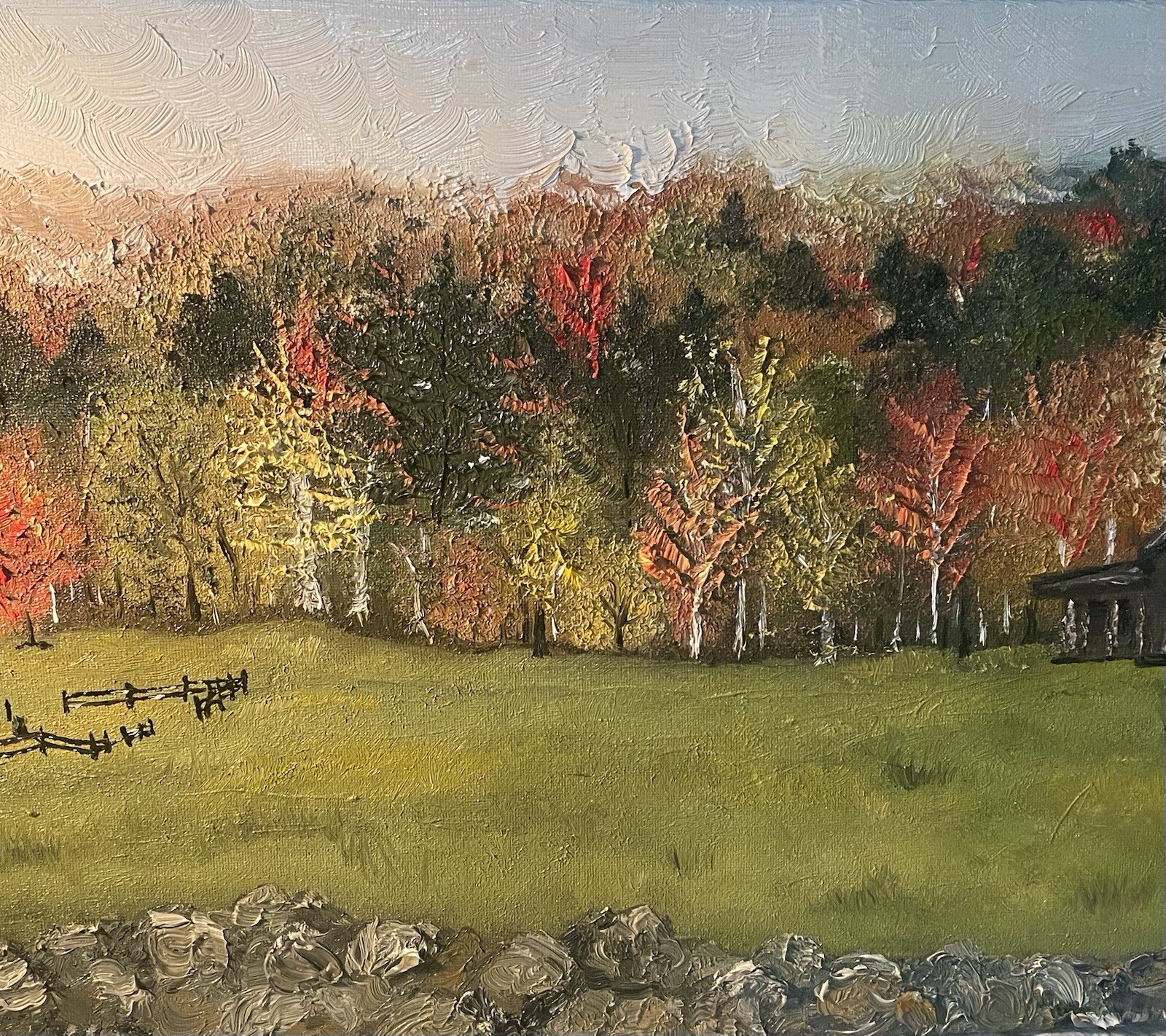 Vermont Original Oil Painting Cabin Woods In Fall Textured Landscape New England