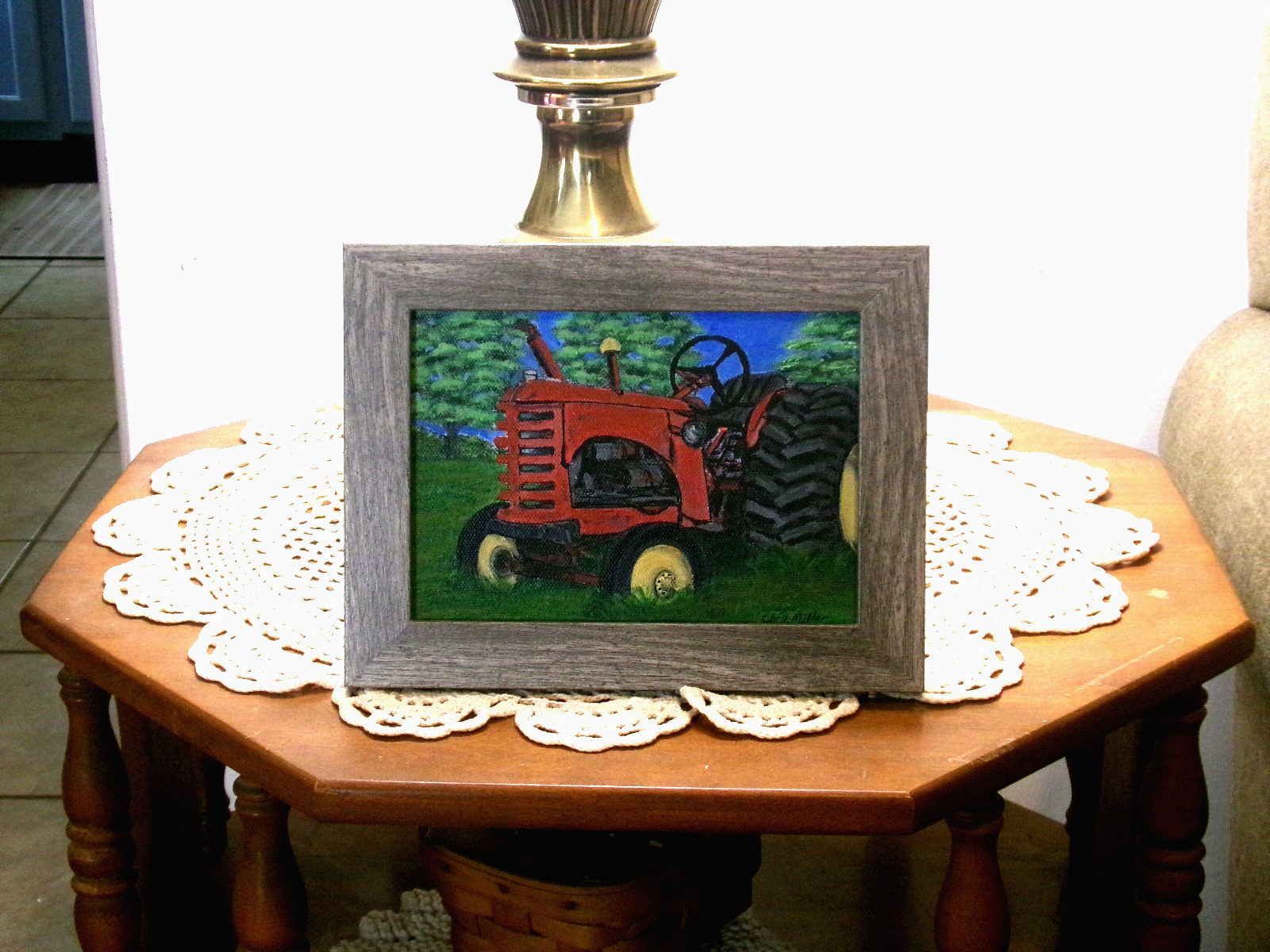 Original Painting Old Farm Tractor 6×8 Framed Signed Rustic Folk Wall Art Decor