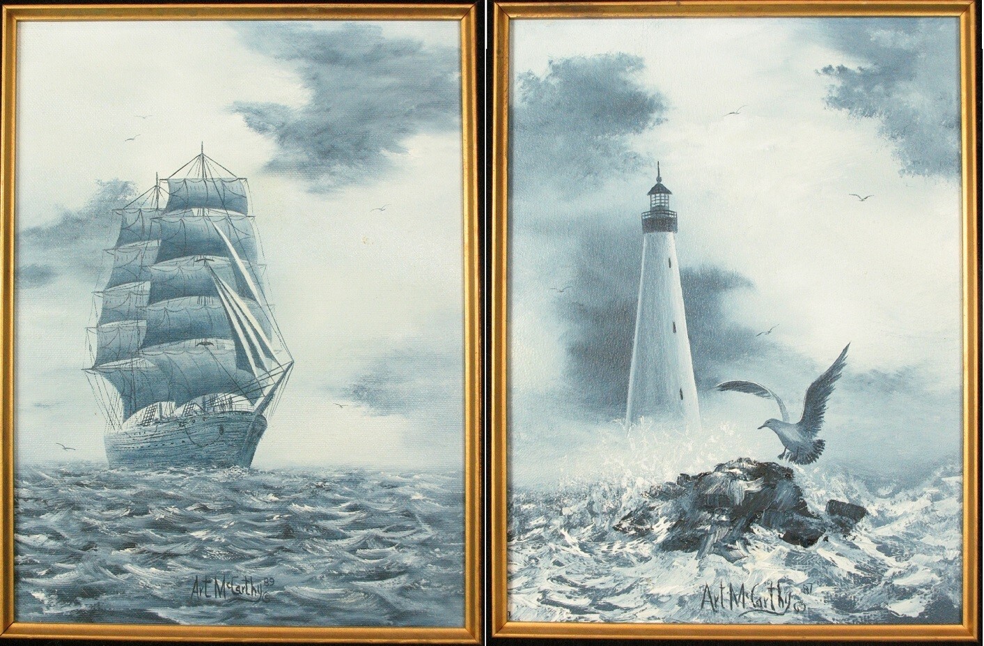 Art McCarthy 2 OIL ON CANVAS Nautical Sailing Ship & Lighthouse Paintings