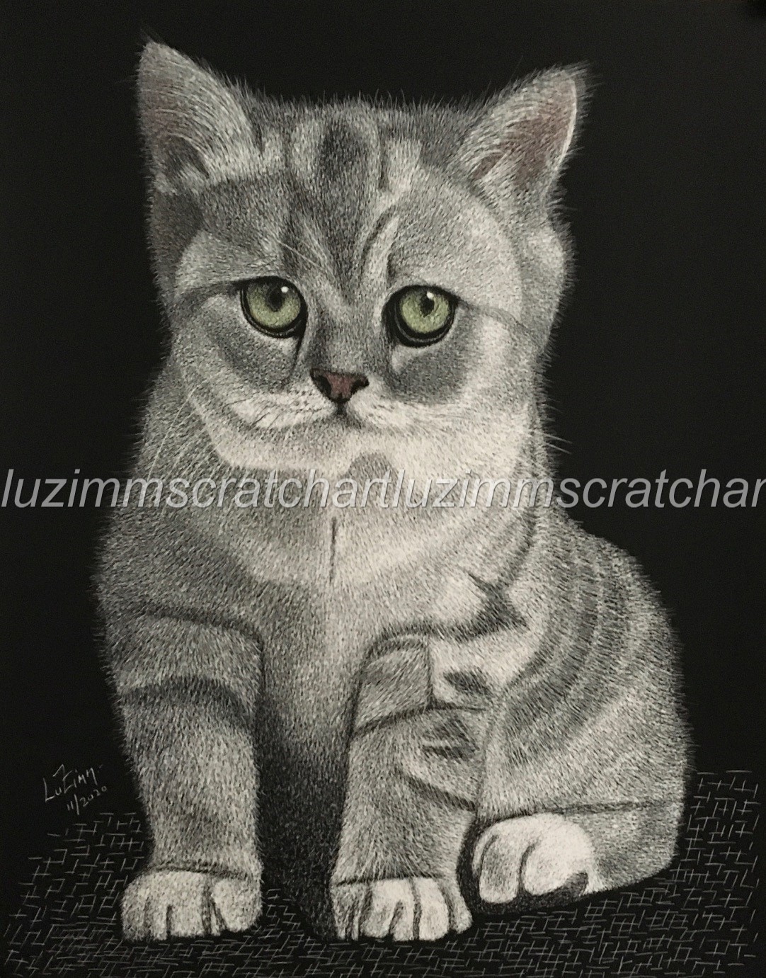 A Pretty Little Kitten just Showing Off!! Reg. Board 11″x14″ Scratch Signed