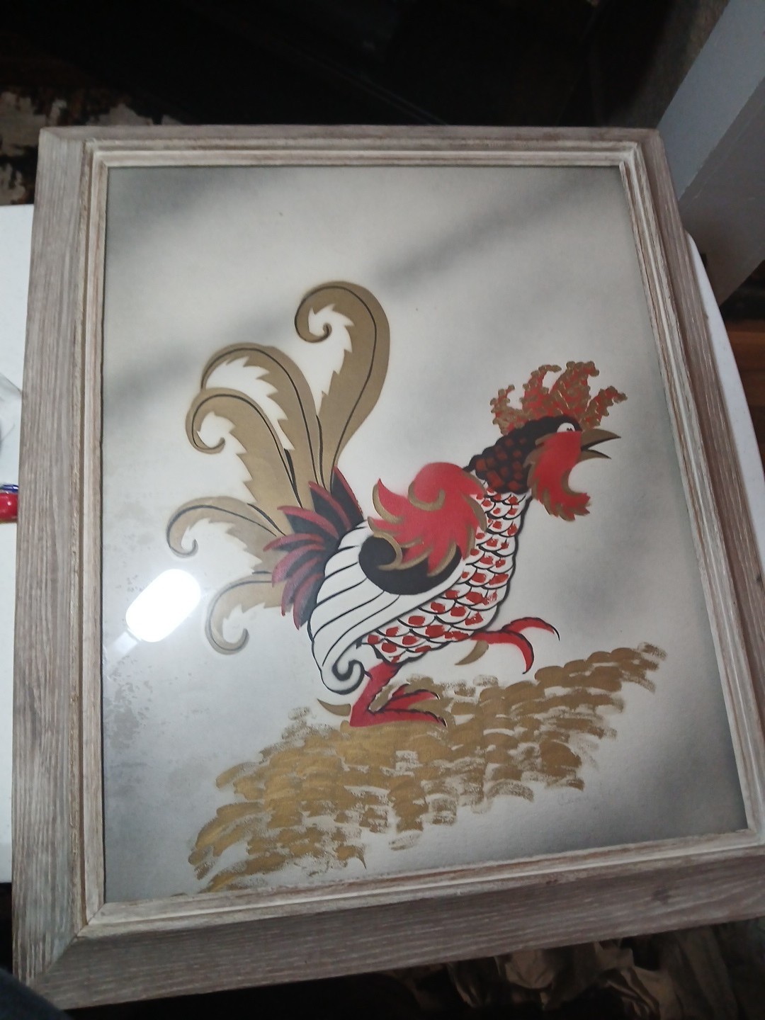 Vintage Asian Rooster Painting Signed by The Artist Chan Lee. Framed