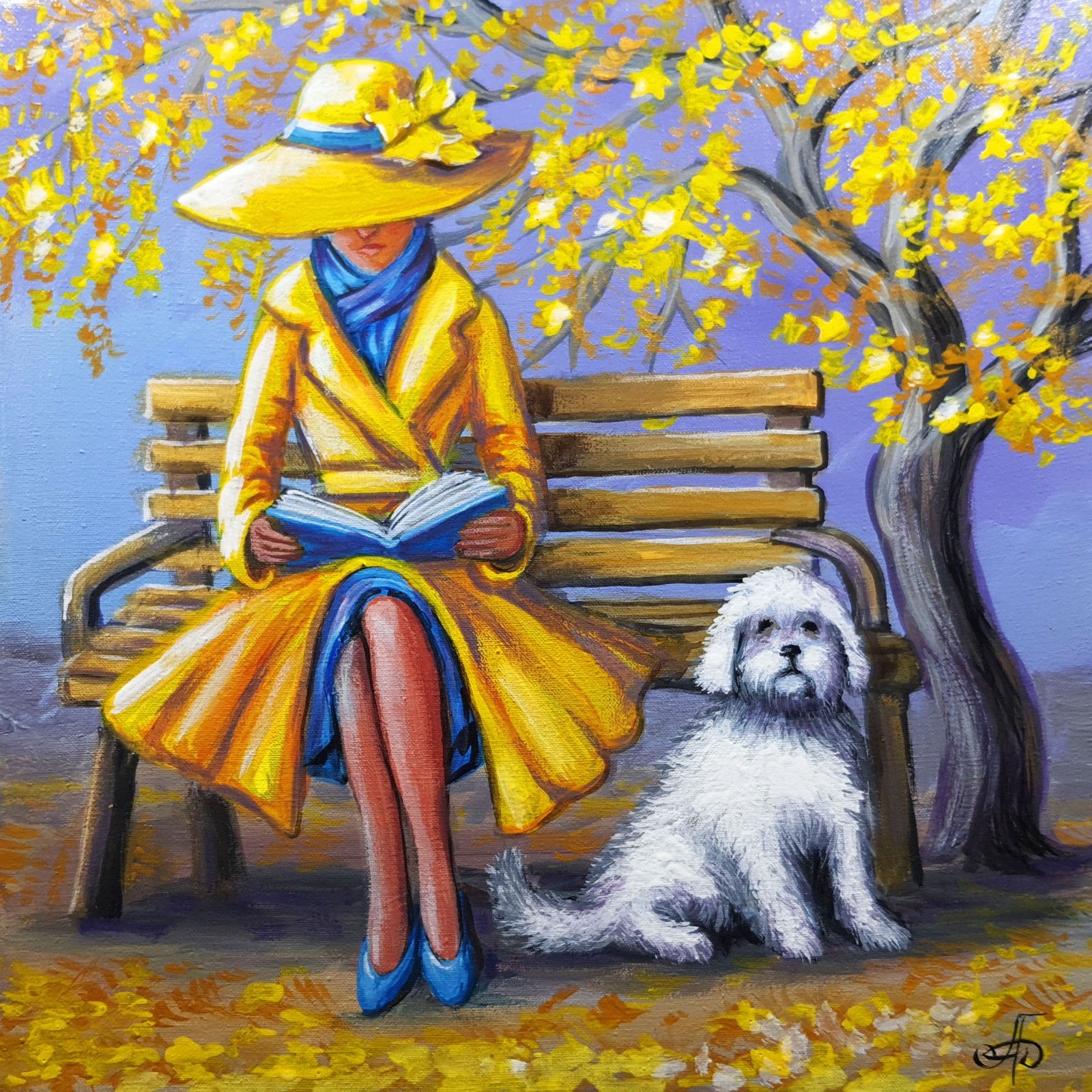 Original Acrylic Painting Autumn Woman Reading Park Dog Impressionist Wall Art