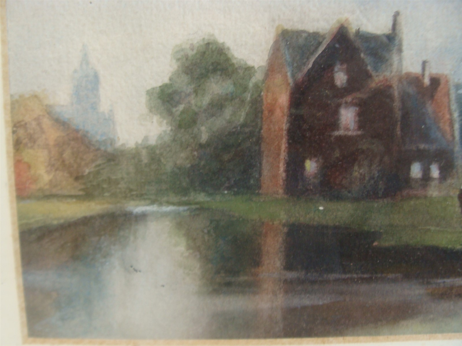 Antique F A Taylor Lake Cityscape W/ Figures W/C Painting