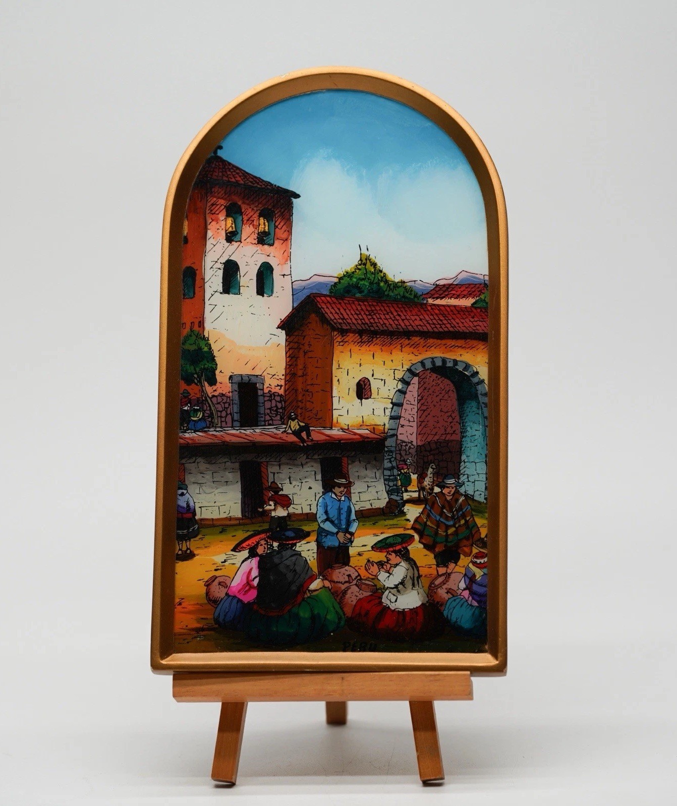 Vintage Folk Art Reverse Hand Painted Peruvian Village Scene Framed Wall Art